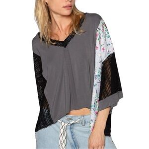 POL Gray and Floral Patchwork Blouse